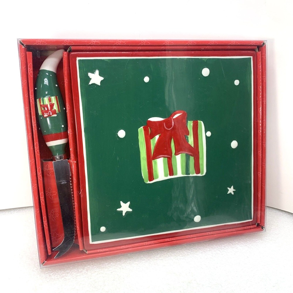 Vintage Ceramic Christmas Cheese Title‎ Set Knife Green Board Gift, NEW